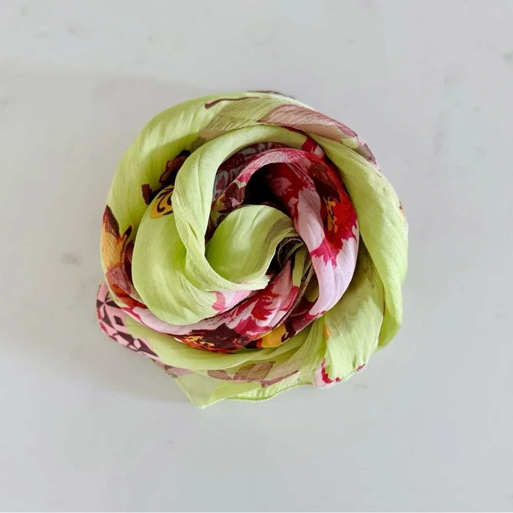 90s Vintage Marcrozier Paris Floral Print Silk Oblong Scarf Wrap, Green & Pink